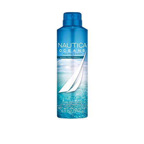 Nautica Oceans Pacific Coast Deodorizing Body Spray for Men - Uplifting, Refreshing Scent - Earthy, Marine Notes of Pinewood and Mint - Ideal for Day and Night Wear - 6.0 Oz